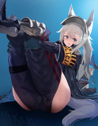 Rule 34 | 1girl, absurdres, animal ears, arknights, armband, black footwear, black jacket, black pants, blue background, blue eyes, blue gloves, blush, character doll, clothing cutout, commentary, cross-laced footwear, full body, gloves, grani (arknights), hair between eyes, highres, hip vent, holding legs, horse ears, horse tail, jacket, legs up, light, long hair, looking at viewer, mannouyakunta, open mouth, pants, ponytail, shoes, silver hair, simple background, sitting, skadi (arknights), solo, sweat, sweatdrop, tail, thigh cutout, thighs, visor cap, wrist guards
