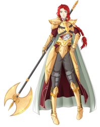 Rule 34 | absurdres, armor, axe, braid, braided ponytail, cape, commission, commissioner upload, fire emblem, fire emblem: path of radiance, fire emblem: radiant dawn, gold, green eyes, highres, long hair, nintendo, pants, pollo1567, ponytail, red hair, titania (fire emblem)