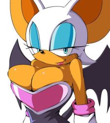 Rule 34 | 1girl, apostle, blue eyes, breasts, cleavage, female focus, large breasts, lips, looking at viewer, rouge the bat, sega, simple background, solo, sonic (series)
