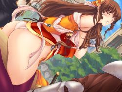 Rule 34 | 1girl, alice soft, ass, bdsm, bondage, bound, bound arms, breasts, breasts out, brown hair, clenched teeth, closed eyes, game cg, hair ornament, humiliation, large breasts, long hair, majo no shokuzai, min-naraken, multiple boys, nipple bondage, nipple piercing, nipple rings, nipples, no bra, open clothes, open shirt, outdoors, pain, panties, piercing, public indecency, rope, sedia (majo no shokuzai), shirt, sweat, sword, teeth, torture, underwear, weapon, wooden horse