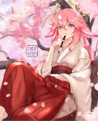 Rule 34 | 1girl, animal ears, art brush, artist logo, between fingers, cherry blossoms, closed mouth, ears down, eyes visible through hair, feet out of frame, flower, fox ears, genshin impact, hair between eyes, hakama, hakama pants, hand up, highres, holding, holding brush, in tree, japanese clothes, kimono, light smile, long hair, long sleeves, looking at viewer, obi, on branch, on tree, paintbrush, pants, petals, pink hair, plant, pleated pants, purple eyes, red flower, red pants, red sash, ryrmcher, sash, signature, sitting, sitting in tree, sitting on branch, solo, tree, watermark, white kimono, wide sleeves, yae miko
