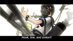 Rule 34 | 10s, 1girl, badge, bracelet, braid, brown hair, cannon, chain, cosplay, ergot, gas mask, jewelry, kantai collection, letterboxed, license plate, mask, motion blur, overwatch, overwatch 1, red ribbon, ribbon, roadhog (overwatch), roadhog (overwatch) (cosplay), school uniform, serafuku, simple background, single braid, smoke, solo, subtitled, uranami (kancolle), white background