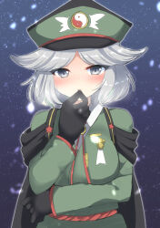 Rule 34 | 1girl, adapted costume, black cape, black gloves, blue jacket, blush, breasts, cape, commentary request, finger to mouth, fujiwara no shirogane no sanra, genderswap, genderswap (otf), gloves, green hat, grey eyes, grey hair, hat, highres, jacket, large breasts, len&#039;en, long sleeves, looking at viewer, open mouth, ougi hina, peaked cap, short hair, solo, upper body