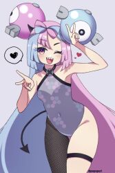 Rule 34 | ;d, bare shoulders, blue hair, blush, bow-shaped hair, character hair ornament, covered navel, cowboy shot, creatures (company), demon girl, demon tail, double v, eyelashes, fake tail, fishnet pantyhose, fishnets, game freak, hair ornament, heart, highres, iono (pokemon), leotard, long hair, multicolored hair, nintendo, one eye closed, open mouth, pantyhose, pink hair, pokemon, pokemon sv, popo (popopuri), purple background, sharp teeth, single leg pantyhose, smile, solo, spoken heart, tail, teeth, thigh strap, twintails, twitter username, upper teeth only, v, very long hair