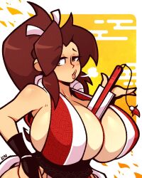 1girl arm_guards artist_name between_breasts breasts breath brown_eyes brown_eyeshadow brown_hair cleavage commentary english_commentary fatal_fury hair_behind_ear highres huge_breasts legendofnerd looking_to_the_side obi open_hand pink_lips ponytail puckered_lips sash shiranui_mai sideboob smug solo the_king_of_fighters