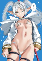 Rule 34 | 1girl, absurdres, bikini, blue background, breasts, elf, frieren, green eyes, highres, long hair, long sleeves, looking down, micro bikini, navel, pointy ears, simple background, small breasts, solo, sousou no frieren, swimsuit, thigh strap, thighs, torn clothes, twintails, white bikini, white hair, xkit