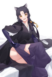 Rule 34 | 1girl, absurdres, animal ears, arknights, black hair, black shirt, blush, commentary, darling0221, dog ears, dressing, facial mark, feet out of frame, forehead mark, highres, infection monitor (arknights), long hair, looking at viewer, pants, purple pants, purple sleeves, saga (arknights), shirt, simple background, socks, solo, white background, white socks, wristband, yellow eyes