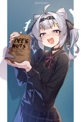 Rule 34 | +++, 1girl, :d, ahoge, bag, black bow, black collar, black skirt, blue background, blush, bow, collar, collared shirt, commentary, cone hair bun, deez nuts (meme), dress shirt, english commentary, english text, grey hair, hair bow, hair bun, hair ornament, hairclip, hands up, highres, holding, holding bag, long hair, long sleeves, looking at viewer, meme, neck ribbon, nijisanji, nijisanji en, nose blush, open mouth, pink ribbon, plaid, plaid skirt, pleated skirt, puffy long sleeves, puffy sleeves, purple eyes, ribbon, shadow, shirt, skirt, smile, solo, star (symbol), star hair ornament, tears, tilt-shift (azalanz), twintails, twitter username, two-tone background, virtual youtuber, white background, white shirt, zaion lanza