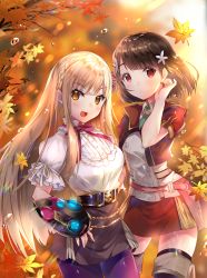 Rule 34 | 2girls, :d, autumn leaves, belt, black belt, blonde hair, blurry, blurry background, blush, bow, braid, brown eyes, brown hair, brown skirt, character request, commentary request, cowboy shot, cropped jacket, day, depth of field, eiyuu densetsu, flower, frilled shirt collar, frills, hair bow, hair flower, hair ornament, hand up, head tilt, highres, jacket, long hair, multiple girls, open mouth, outdoors, pantyhose, parted lips, puffy short sleeves, puffy sleeves, purple bow, purple legwear, red eyes, red jacket, red skirt, shirt, short sleeves, skirt, smile, standing, usagihime, very long hair, water drop, white flower, white shirt
