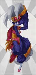 Rule 34 | 1girl, :d, arm up, baggy pants, bell sleeves, blue hair, blue pants, blue skin, blush stickers, breasts, capelet, character name, chinese clothes, claw (weapon), cleavage, cleavage cutout, clothing cutout, colored skin, commentary, deviantart username, english commentary, flats, flipped hair, grey background, hat, high collar, highres, huge weapon, jiangshi, lei lei, long sleeves, looking to the side, looking up, mandarin collar, medium breasts, ofuda, open mouth, opencanvas (medium), pants, photoshop (medium), pink capelet, pink footwear, pink hat, qingdai guanmao, red eyes, sash, short hair, signature, silver tea house, smile, solo, standing, standing on one leg, vampire (game), watermark, weapon, web address, yellow sash