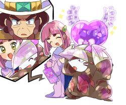 Rule 34 | 1boy, 1girl, :d, ^ ^, arched bangs, brown eyes, brown hair, cellphone, clay (pokemon), closed eyes, commentary request, cowboy hat, creatures (company), excadrill, father and daughter, game freak, gen 4 pokemon, gen 5 pokemon, hair ornament, hairclip, hat, highres, lacey (pokemon), medium hair, mismatched eyebrows, nintendo, open mouth, phone, pink hair, pokemon, pokemon (creature), pokemon bw, pokemon sv, red eyes, rotom, rotom phone, simple background, smile, snout, terastallization, thick eyebrows, v-shaped eyebrows, video call, white background, yunme