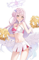 Rule 34 | 1girl, absurdres, blue archive, breasts, cheerleader, cleavage, commentary request, hair bun, halo, highres, long hair, looking at viewer, low wings, medium breasts, midriff, mika (blue archive), mochiko (uyu omochi), navel, pink hair, pom pom (cheerleading), simple background, single hair bun, solo, very long hair, white background, white wings, wings, yellow eyes