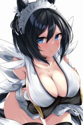 Rule 34 | 1girl, absurdres, alternate costume, animal ears, apron, arm guards, arms under breasts, bare shoulders, black hair, black sleeves, black thighhighs, blue eyes, breasts, cleavage, closed mouth, collarbone, eishin flash (umamusume), enmaided, highres, horse ears, horse girl, horse tail, iroha (samurai spirits), large breasts, leaning forward, looking at viewer, maid, maid apron, maid headdress, nagisa (imizogami), samurai spirits, short hair, smile, solo, tail, thighhighs, umamusume, white apron, white background