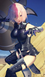 Rule 34 | 1girl, absurdres, armor, armored dress, bare shoulders, black armor, black leotard, black thighhighs, breasts, elbow gloves, fate/grand order, fate (series), fukuidesu0110, gloves, hair over one eye, highleg, highleg leotard, highres, large breasts, leotard, light purple hair, looking at viewer, mash kyrielight, open mouth, purple eyes, purple gloves, shield, short hair, solo, thigh strap, thighhighs, thighs
