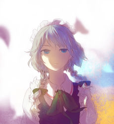 Rule 34 | 1girl, backlighting, blue dress, blue eyes, blurry, bow, braid, collared shirt, depth of field, dress, expressionless, gradient background, hair bow, highres, inra, izayoi sakuya, looking at viewer, maid, maid headdress, petals, puffy short sleeves, puffy sleeves, purple background, shirt, short sleeves, silver hair, solo, touhou, twin braids, uneven eyes, white background, wind