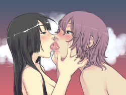 Rule 34 | 2girls, black hair, blush, breasts, couple, eye contact, french kiss, half-closed eyes, kaieda hiroshi, kiss, lips, looking at another, multiple girls, nude, saliva, saliva trail, size difference, tongue, yuri