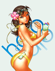 Rule 34 | 1girl, ass, bikini, breasts, brown eyes, brown hair, chester ocampo, cowboy shot, digital media player, earphones, eyewear on head, flower, food, from side, hair flower, hair ornament, hibiscus, holding, holding spoon, ice cream, ipod, lips, long hair, looking at viewer, medium breasts, object in clothes, object in swimsuit, open mouth, outline, solo, spoon, sunglasses, swimsuit, yellow bikini