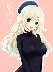 Rule 34 | 10s, 1girl, alternate costume, atago (kancolle), blonde hair, blush, breasts, green eyes, hat, ica, kantai collection, large breasts, long hair, looking at viewer, open mouth, personification, ribbed sweater, simple background, smile, solo, sweater, translated