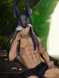 Rule 34 | 1boy, absurdres, animal hat, black hat, black male underwear, black shorts, card, closed mouth, coin, cyno (genshin impact), dark-skinned male, dark skin, genius invokation tcg, genshin impact, hair between eyes, hair over one eye, hat, highres, holding, holding card, long hair, male focus, male underwear, midriff, navel, ra gi ren, shorts, solo, stomach, topless male, underwear, white hair