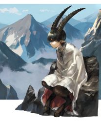 Rule 34 | 1boy, black hair, blue sky, closed mouth, day, goat boy, hooves, horns, jewelry, male focus, monster boy, mountain, mullmull02, necklace, original, outdoors, profile, shawl, short hair, sitting, sky, solo, white shawl
