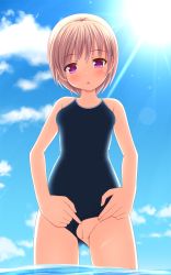 Rule 34 | 1girl, brown hair, cleft of venus, clothing aside, competition school swimsuit, ki (kk-sk-ray), one-piece swimsuit, original, purple eyes, pussy, school swimsuit, short hair, solo, swimsuit, swimsuit aside, uncensored