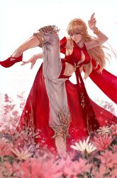 Rule 34 | 1girl, blonde hair, blue eyes, bracelet, breasts, cleavage, cleavage cutout, closed mouth, clothing cutout, commentary, detached sleeves, dress, english commentary, final fantasy, final fantasy xiv, flower, foot out of frame, highres, hyur, jewelry, large breasts, leg lift, long hair, looking away, lyse hext, navel, pants, pink flower, red dress, red footwear, red shirt, salute, shirt, sidelocks, single detached sleeve, solo, standing, standing on one leg, stomach cutout, tezy8art, two-finger salute, white background, white pants