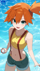 Rule 34 | 1girl, :d, absurdres, commentary request, creatures (company), cropped shirt, day, eyelashes, game freak, green eyes, green shorts, hair between eyes, highres, holding, holding poke ball, maizumi, misty (pokemon), navel, nintendo, open mouth, orange hair, outdoors, poke ball, poke ball (basic), pokemon, pokemon (anime), pokemon (classic anime), shirt, short hair, short shorts, shorts, side ponytail, sleeveless, sleeveless shirt, smile, solo, suspenders, tongue, water, yellow shirt