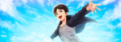 Rule 34 | 1boy, :d, alternate eye color, blue eyes, blue sky, eren yeager, foreshortening, from below, highres, long sleeves, male focus, onimoti, open mouth, outstretched arms, shingeki no kyojin, short hair, sky, smile, spread arms, upper body