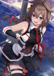 Rule 34 | 1girl, absurdres, adapted turret, ahoge, black gloves, black hair, black shirt, black skirt, black thighhighs, blue eyes, braid, breasts, cannon, cloud, commentary request, fingerless gloves, gloves, grey sky, hair flaps, hair over shoulder, highres, horizon, kantai collection, long hair, machinery, medium breasts, necktie, outdoors, paid reward available, pleated skirt, red necktie, shigure (kancolle), shigure kai san (kancolle), shirt, single braid, skirt, sky, sleeveless, sleeveless shirt, solo, thighhighs, toketa-sekai, turret, two-tone shirt, water