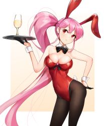 Rule 34 | 1girl, animal ears, black bow, black bowtie, black gloves, black pantyhose, bow, bowtie, breasts, bunny day, cowboy shot, cup, detached collar, drinking glass, fake animal ears, gloves, half gloves, highres, leotard, long hair, looking to the side, medium breasts, original, pantyhose, pink hair, playboy bunny, rabbit ears, rabbit tail, red eyes, red leotard, side ponytail, simple background, solo, spica (starlitworks), strapless, strapless leotard, tail, tray, white background, wine glass, wrist cuffs