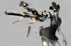 Rule 34 | 1girl, aiming, android, black dress, breasts, colored skin, contrapposto, cowboy shot, damaged, dress, fingernails, foreshortening, frilled dress, frills, grey background, grey skin, jittsu, looking away, looking to the side, mecha musume, mechanical arms, mechanical parts, motion blur, open mouth, original, outstretched arm, pleated dress, pointing, short sleeves, skirt, skull, solo, sparks, standing, teeth, weapon