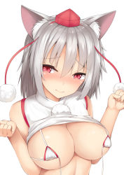 Rule 34 | 1girl, animal ear fluff, animal ears, bare arms, bare shoulders, bikini, blush, breasts, cleavage, closed mouth, clothes lift, commentary request, hair between eyes, hands up, hat, inubashiri momiji, large breasts, looking at viewer, micro bikini, micro bikini top, nose blush, pom pom (clothes), red eyes, red hat, shirt, shirt lift, short hair, silver hair, simple background, sleeveless, sleeveless shirt, solo, swimsuit, tatsumiya kagari, tokin hat, touhou, upper body, white background, white bikini, white shirt, wolf ears, wolf girl