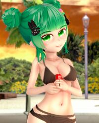 Rule 34 | 1girl, 3d, absurdres, alternate hairstyle, animal hair ornament, bikini, black bikini, blunt bangs, blurry, blurry background, blush, breasts, bush, can, cleavage, cloud, coca-cola, collarbone, dango hair ornament, double bun, drink can, food-themed hair ornament, freckles, green eyes, green hair, hair bun, hair ornament, highres, holding, indie virtual youtuber, jewelry, lakaori, lakaori (artist), lamppost, looking at viewer, medium breasts, necklace, orange sky, outdoors, palm tree, rabbit hair ornament, ring, short hair, sky, smile, soda, soda can, solo, swimsuit, tree, upper body, virtual youtuber