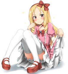 Rule 34 | 10s, 1girl, blonde hair, blush, bow, brown eyes, clothes lift, dress, drill hair, eromanga sensei, frilled dress, frills, hair bow, knees together feet apart, lolita fashion, long hair, looking at viewer, nedia (nedia region), pink dress, shoes, sitting, skirt, skirt lift, smile, solo, thighhighs, twin drills, white thighhighs, yamada elf