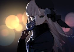 Rule 34 | 1girl, black hat, blurry, blurry background, brown gloves, fate/grand order, fate (series), floating hair, flower, gloves, green eyes, grey flower, hair flower, hair ornament, hat, holding, holding mask, long hair, looking at viewer, lord el-melloi ii case files, mask, parted lips, pisu, reines el-melloi archisorte, silver hair, solo, upper body, very long hair
