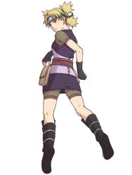 Rule 34 | 1girl, black gloves, blonde hair, fingerless gloves, fishnets, forehead protector, from behind, from below, gloves, green eyes, headband, looking back, naruto, naruto (series), quad tails, smile, solo, temari (naruto), teramoto kei