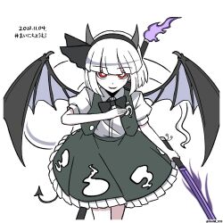 Rule 34 | 1girl, :d, bat wings, black bow, black bowtie, black hairband, black skirt, black vest, bow, bowtie, bright pupils, collared shirt, commentary, dated, demon girl, demon tail, demon wings, frilled skirt, frills, ghost, hairband, highres, holding, holding sword, holding weapon, horns, hoshii 1213, konpaku youmu, konpaku youmu (ghost), open mouth, red eyes, shirt, short hair, simple background, skirt, smile, solo, sword, sword behind back, tail, touhou, twitter username, vest, weapon, white background, white hair, white pupils, white shirt, wings