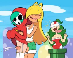 Rule 34 | 3girls, ?, absurdres, blonde hair, breasts, cleavage, clothed sex, cum, drooling, erection, erection under clothes, closed eyes, futa with female, futanari, genderswap, genderswap (mtf), green eyes, green hair, highres, hood, koopa troopa, long hair, mario (series), mask, miscon, multiple girls, nintendo, open mouth, penis, piranha plant, short hair, shy gal, smile, super mario bros. 1, thigh sex