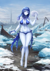 Rule 34 | 1girl, anklet, barbariank, bare legs, bare shoulders, barefoot, beach, bikini, blue bikini, blue choker, blue eyes, blue hair, blue ribbon, blue skin, blue sky, blue theme, blush, boat, breasts, choker, cloud, colored skin, commentary, day, english commentary, full body, gradient hair, hair between eyes, half-closed eyes, hand fan, hand up, headgear, highres, holding, holding fan, ice, ice queen (monster girl encyclopedia), jewelry, large breasts, long hair, looking at viewer, looking to the side, lowleg, lowleg bikini, monster girl encyclopedia, mountainous horizon, multicolored hair, navel, oar, outdoors, pointy ears, purple hair, ribbon, shipwreck, sky, solo, spire, stomach, swimsuit, thigh gap, tiptoes, water, watercraft, white skin, wide hips, wrist ribbon