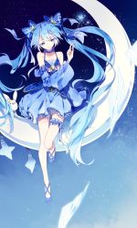 Rule 34 | 1girl, 1other, animal, bare shoulders, bass clef, beamed eighth notes, blue dress, blue eyes, blue footwear, blue hair, blue ribbon, commentary, constellation print, crescent moon, dress, eighth note, frilled dress, frilled legwear, frills, full body, grin, hair ornament, hand up, hatsune miku, highres, holding, holding wand, imoko (imonatsuki), long hair, looking down, moon, musical note, musical note print, neck ribbon, night, night sky, rabbit, rabbit yukine, ribbon, sky, smile, snowflake hair ornament, snowflakes, spaghetti strap, staff (music), star (sky), star (symbol), star hair ornament, star print, striped ribbon, thigh strap, treble clef, twintails, very long hair, vocaloid, wand, yuki miku, yuki miku (2017)