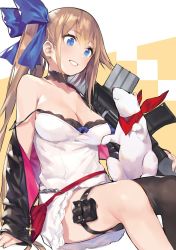 Rule 34 | 1girl, bandana, black bra, black thighhighs, blue eyes, bra, breasts, brown hair, choker, cleavage, dress, fal (girls&#039; frontline), girls&#039; frontline, gun, large breasts, noy, parted lips, pouch, short dress, side ponytail, single sidelock, single thighhigh, sitting, smile, solo, strap slip, thigh pouch, thigh strap, thighhighs, underwear, weapon, weasel, white dress