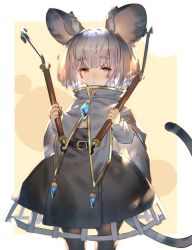 Rule 34 | 1girl, :&lt;, animal ears, beige background, black pantyhose, border, brooch, capelet, commentary request, dowsing rod, grey capelet, grey skirt, highres, holding, jewelry, long sleeves, looking at viewer, mouse ears, mouse tail, nazrin, outside border, pantyhose, red eyes, shirt, short hair, silver hair, skirt, solo, tail, thick eyebrows, touhou, u u zan, white border, white shirt
