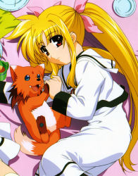 Rule 34 | 00s, 1girl, arf, blonde hair, blue eyes, bow, dog, fangs, fate testarossa, hair bow, long hair, lying, lyrical nanoha, mahou shoujo lyrical nanoha, mahou shoujo lyrical nanoha a&#039;s, okuda yasuhiro, on side, pantyhose, puppy, red eyes, school uniform, smile, solo, twintails