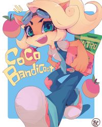 Rule 34 | 1girl, animal ears, animal nose, aqua eyes, artist name, belt, blonde hair, blue-tinted eyewear, blue background, blue overalls, body fur, border, character name, coco bandicoot, computer, crash bandicoot (series), earrings, english text, eyewear on head, fangs, female focus, flat chest, food, fruit, furry, furry female, goggles, grey-framed eyewear, haisen, hand on own hip, highres, holding, holding laptop, jewelry, laptop, leaning forward, long hair, looking at viewer, notice lines, open mouth, orange fur, outside border, overalls, patch, paw print, pink footwear, pink scrunchie, pink trim, ponytail, scrunchie, shirt, shoes, short sleeves, sidelocks, signature, simple background, smile, sneakers, snout, solo, strap slip, stud earrings, teeth, tinted eyewear, two-tone fur, walking, white border, white shirt, wooden box, wrist scrunchie, wumpa fruit, yellow fur