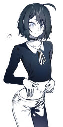 Rule 34 | 1boy, ahoge, black hair, blue eyes, blush, braid, choker, collarbone, collared shirt, commentary request, hair between eyes, hand on own stomach, highres, kushizaki (vtuber), long sleeves, male focus, midriff, mole, mole above eye, navel, o-ring, o-ring choker, original, pants, ribbon, shirt, short hair, simple background, smile, solo, st (youx1119), stomach, trap, white background