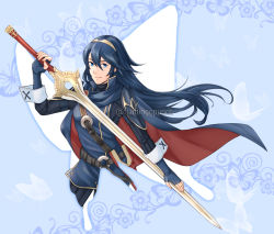 Rule 34 | 1girl, arched back, armor, belt, blue background, blue bodysuit, blue cape, blue dress, blue eyes, blue gloves, blue hair, bodysuit, breasts, bug, butterfly, cape, commentary, dress, english commentary, falchion (fire emblem), fingerless gloves, fire emblem, fire emblem awakening, flamingo (eme324), gloves, gold trim, hair between eyes, hand up, highres, holding, holding sword, holding weapon, insect, long hair, looking at viewer, lucina (fire emblem), nintendo, sheath, short dress, shoulder armor, sidelocks, small breasts, smile, solo, sword, tiara, turtleneck, twitter username, watermark, weapon