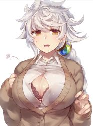 Rule 34 | 10s, 1girl, alternate costume, asymmetrical hair, bad id, bad pixiv id, black bra, blouse, bra, braid, breasts, bursting breasts, buttons, cardigan, commentary request, hair between eyes, hair ornament, huge breasts, jitome, kantai collection, long hair, looking at viewer, open mouth, orb, pokoten (pokoten718), popped button, see-through, shiny skin, shirt, silver hair, single braid, solo, undersized clothes, underwear, unryuu (kancolle), very long hair, wavy mouth, white shirt, yellow eyes
