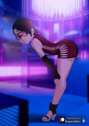 Rule 34 | 1girl, artist logo, artist name, bare legs, bare shoulders, bent over, black eyes, black gloves, black hair, boruto: naruto next generations, closed mouth, dress, elbow gloves, espiralsix, female focus, fingerless gloves, forehead protector, from side, full body, glasses, gloves, hands on own knees, headband, high heels, highres, konohagakure symbol, leaning forward, looking at viewer, microdress, naruto (series), paid reward available, patreon logo, patreon username, red-framed eyewear, red dress, red headband, short hair, side slit, sleeveless, sleeveless dress, solo, standing, swept bangs, thighs, toes, uchiha sarada, white footwear
