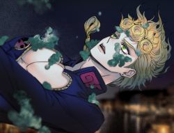 Rule 34 | 1boy, blonde hair, braid, braided ponytail, bug, eyelashes, falling, giorno giovanna, green day (stand), green eyes, highres, insect, jojo no kimyou na bouken, ladybug, male focus, mold, open mouth, ranch jjba, solo, vento aureo