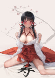 Rule 34 | 1girl, areola slip, black hair, blush, branch, breasts, cherry blossoms, closed mouth, collarbone, commentary request, hair ornament, hair over shoulder, hakama, hakama skirt, highres, japanese clothes, kimono, large breasts, long hair, looking at viewer, miko, murakami suigun, open clothes, open kimono, original, paid reward available, red eyes, red hakama, red rope, rope, shibari, shibari under clothes, sitting, skirt, solo, translation request, wariza, white background, white kimono, wide sleeves